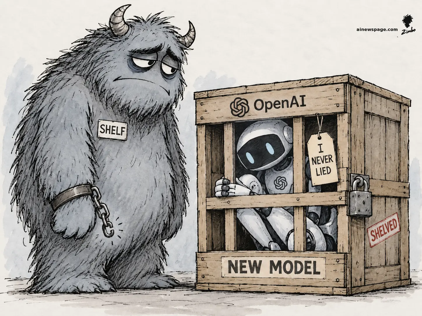 Satirical cartoon: Shelf, a shaggy horned beast with a broken chain link on his wrist, stares with droopy eyes at a padlocked wooden crate holding a new OpenAI robot whose hangtag reads I NEVER LIED, stamped SHELVED.