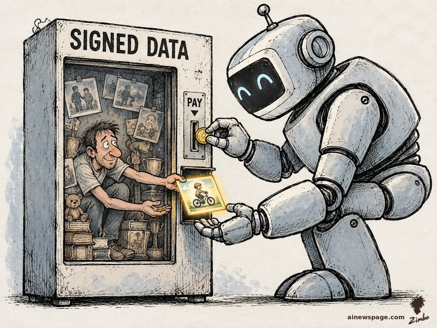 AI cartoon by Zimbo: Ink-and-wash cartoon: a giant robot inserts a gold coin into a shabby SIGNED DATA vending machine while the tiny man inside hands out a glowing childhood photo and takes the coin.