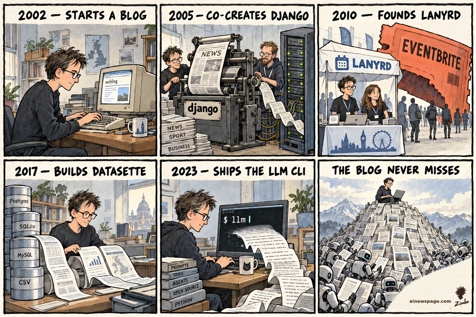 AI cartoon by Zimbo: Six-panel strip: Simon Willison blogs at a 2002 CRT; a django-labeled press feeds a server rack (2005); a Lanyrd tent dwarfed by an Eventbrite ticket (2010); database barrels unrolled into pages for Datasette (2017); "$ llm" at a terminal (2023); kicker: THE BLOG NEVER MISSES.