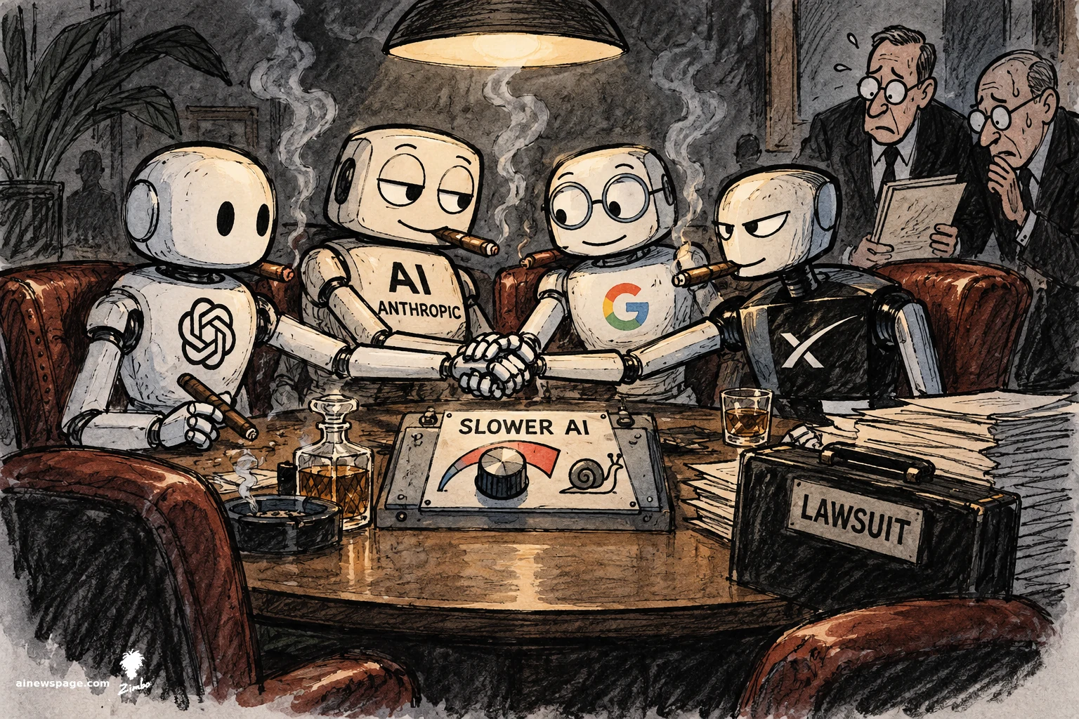 AI cartoon by Zimbo: Satirical cartoon: four rival robot CEOs (OpenAI, Anthropic, Google, X) in a smoke-filled room shake hands over a 'SLOWER AI' dial with a snail on it, cigars in hand, while two sweating lawyers clutch a 'LAWSUIT' briefcase.