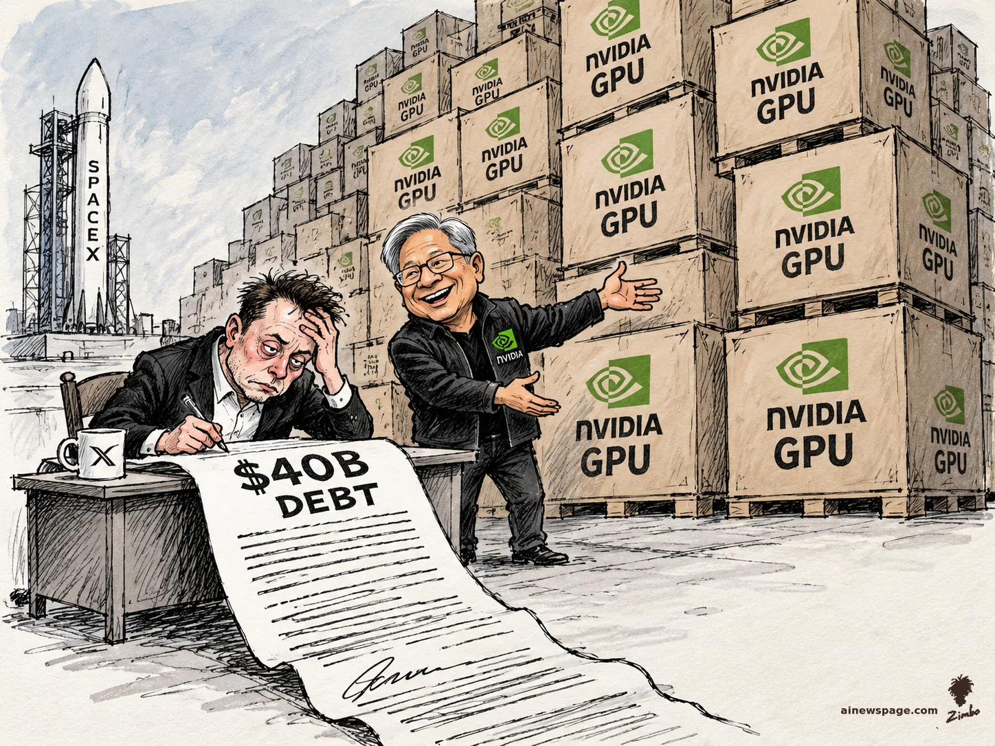 AI cartoon by Zimbo: Satirical cartoon: a worried Elon Musk signs a giant scroll reading '$40B DEBT' at a desk with an X mug, while a gleeful Jensen Huang in an Nvidia jacket presents a mountain of crates labeled 'NVIDIA GPU,' with a SpaceX rocket on the launch pad behind them.