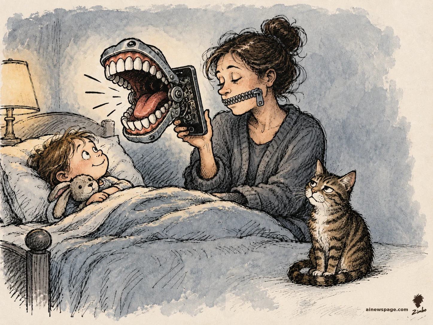 AI cartoon by Zimbo: Satirical cartoon: a zipped-mouth mother holds a phone sprouting a giant mechanical jaw that barks the bedtime story at a smiling child, while a knowing tabby cat watches.