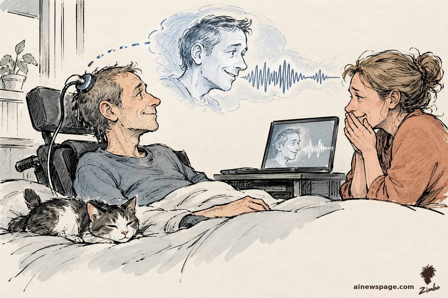Ink-and-wash cartoon: a man with a brain implant reclines in bed while a thought-bubble of his smiling face sends a sound waveform to a bedside laptop; his wife weeps with joy and a cat naps on the blanket.