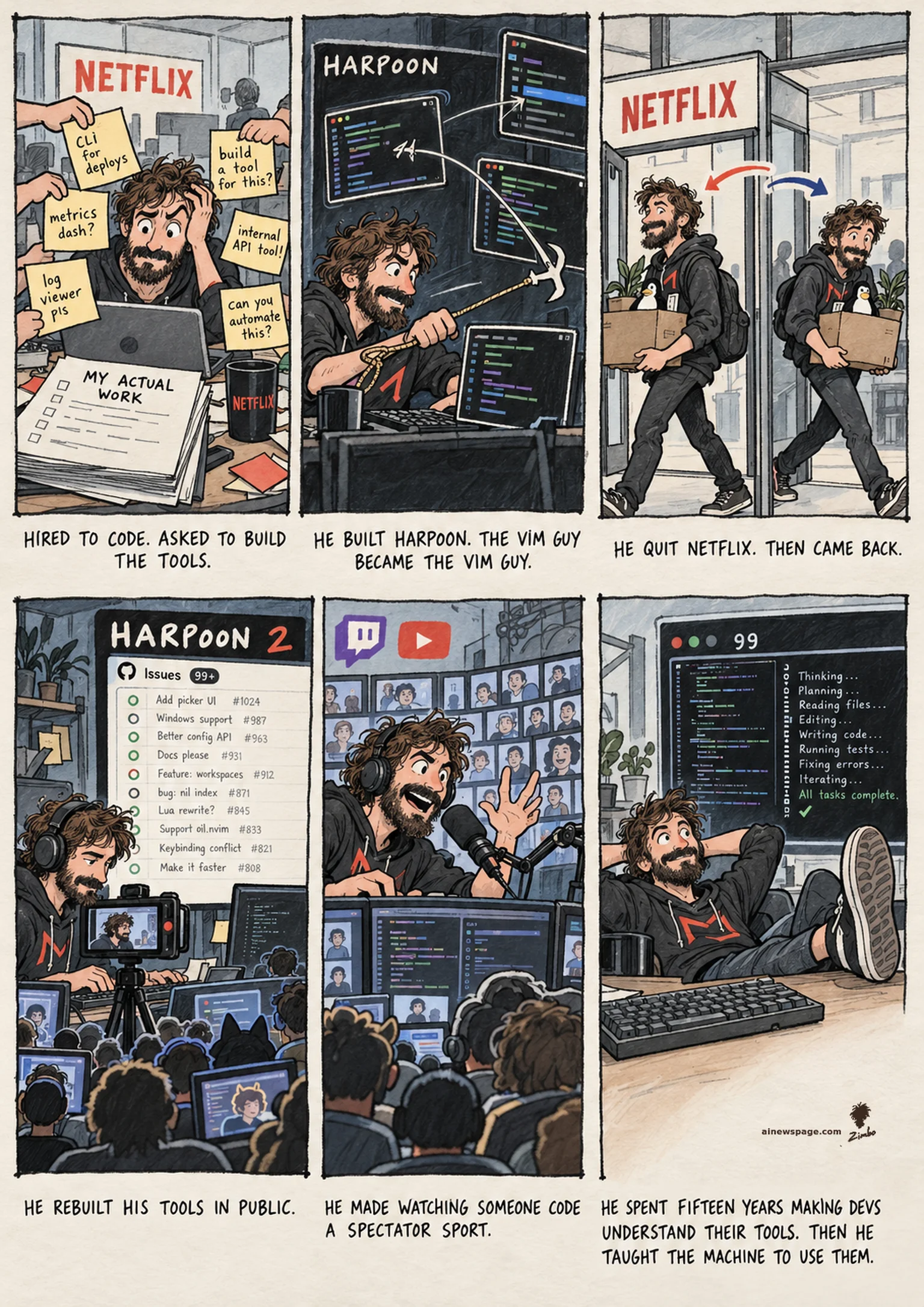 AI cartoon by Zimbo: Six-panel ThePrimeagen strip. 2012: Netflix engineer swamped with tool requests. 2020: builds Harpoon — the vim guy becomes THE vim guy. 2022: quits Netflix, returns with the same box. 2023: Harpoon 2 rebuilt on a livestream. 2024: code as spectator sport. Kicker: feet up while his 99 agent types.