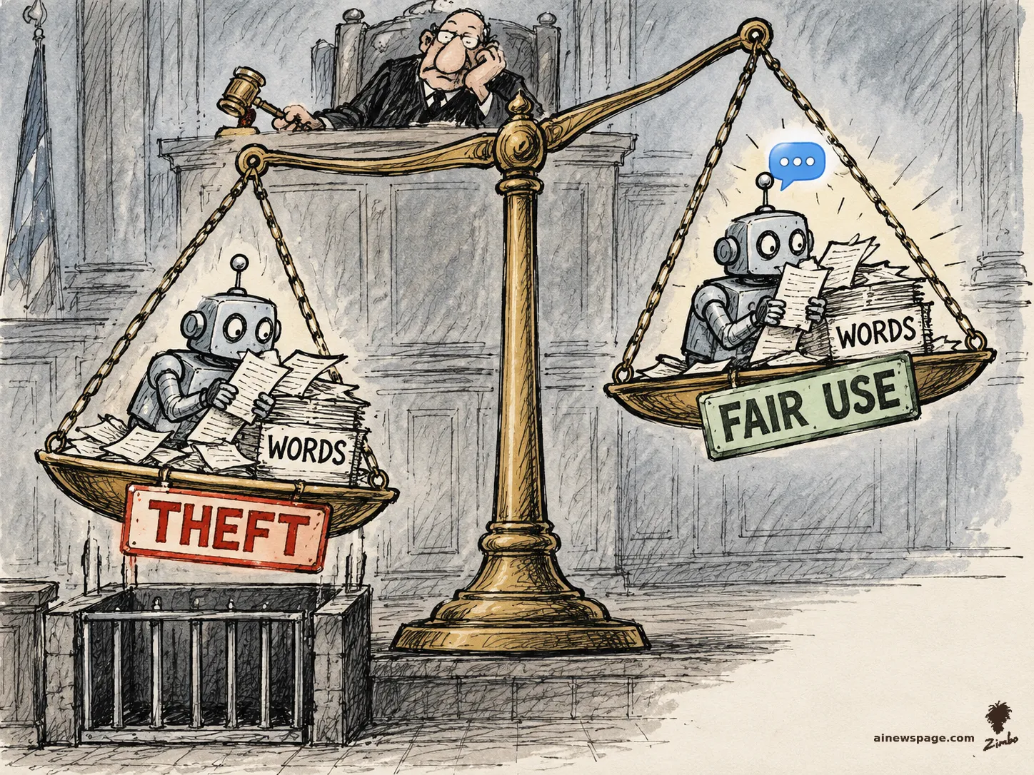 AI cartoon by Zimbo: Satirical cartoon: two identical robots absorbing stacks of WORDS are weighed on a giant courthouse scale — one pan stamped THEFT above a tiny jail cell, the other labeled FAIR USE — while a bored judge looks on.