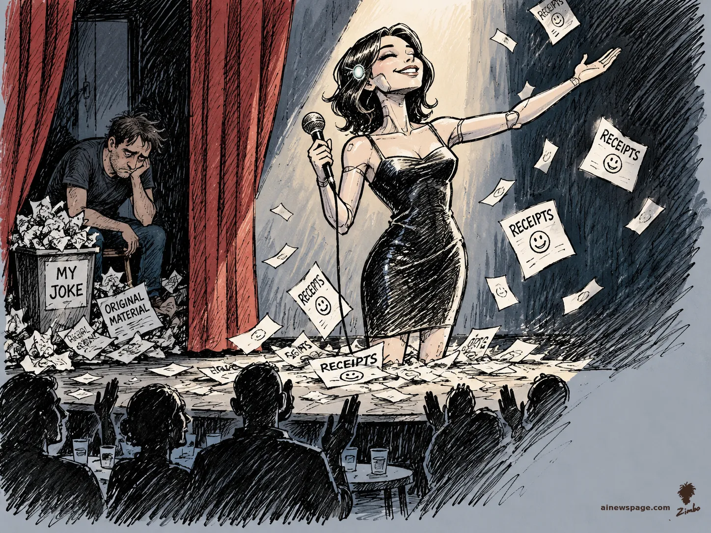 AI cartoon by Zimbo: Satirical cartoon: a glamorous AI comedian takes a bow on a comedy-club stage as papers stamped RECEIPTS rain down; behind the curtain a weary human comedian slumps beside a bin of crumpled pages, one reading ORIGINAL MATERIAL.