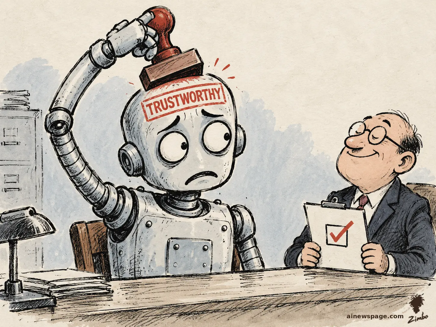 AI cartoon by Zimbo: Satirical cartoon: the anxious robot Merv stamps 'TRUSTWORTHY' on his own forehead with a giant red rubber stamp while a smiling bureaucrat checks a box on a clipboard.