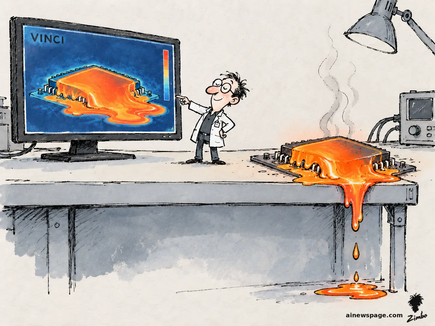 AI cartoon by Zimbo: Satirical cartoon: a delighted engineer points at a VINCI monitor showing an orange melting-chip simulation while the real AI chip beside it has melted into the identical shape, dripping off the desk.