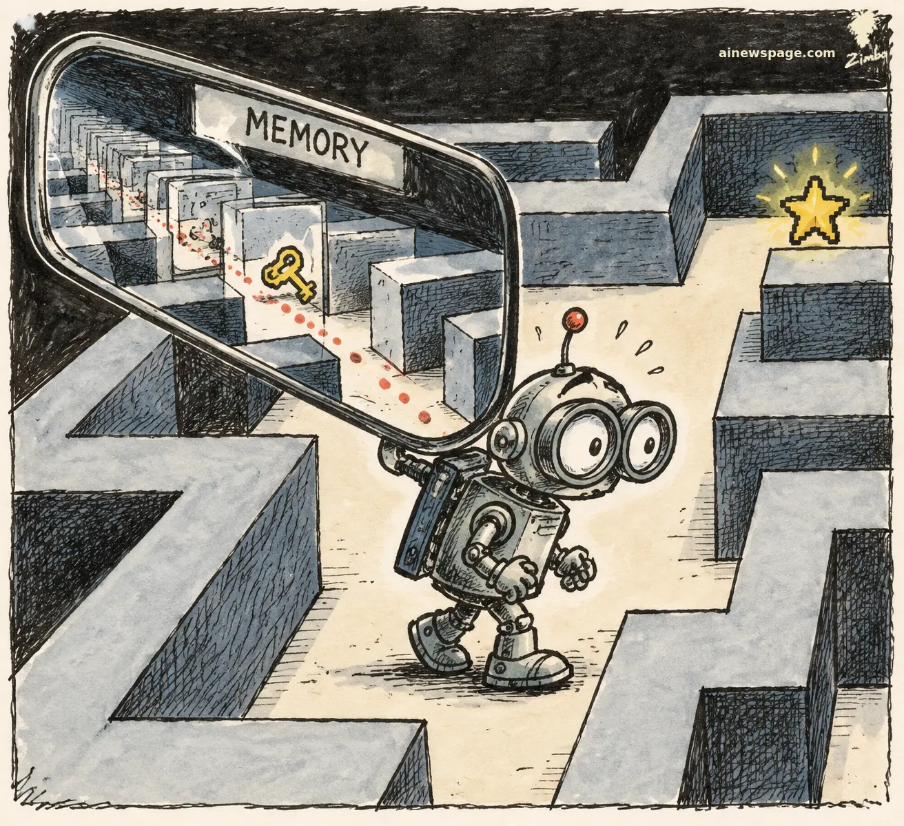 AI cartoon by Zimbo: Satirical cartoon: Merv the anxious retro robot stands in a pixel maze holding up a giant rearview mirror labeled MEMORY, which reflects the breadcrumb trail of his walked paths with a gold key, while a glowing gold star waits ahead.