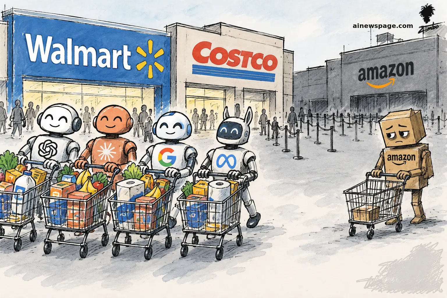 AI cartoon by Zimbo: Ink-and-wash cartoon: four smiling robots with ChatGPT, Claude, Google and Meta logos push overflowing shopping carts out of bright Walmart and Costco storefronts while a dejected cardboard-box Amazon robot pushes a near-empty cart past a dark, deserted Amazon warehouse.