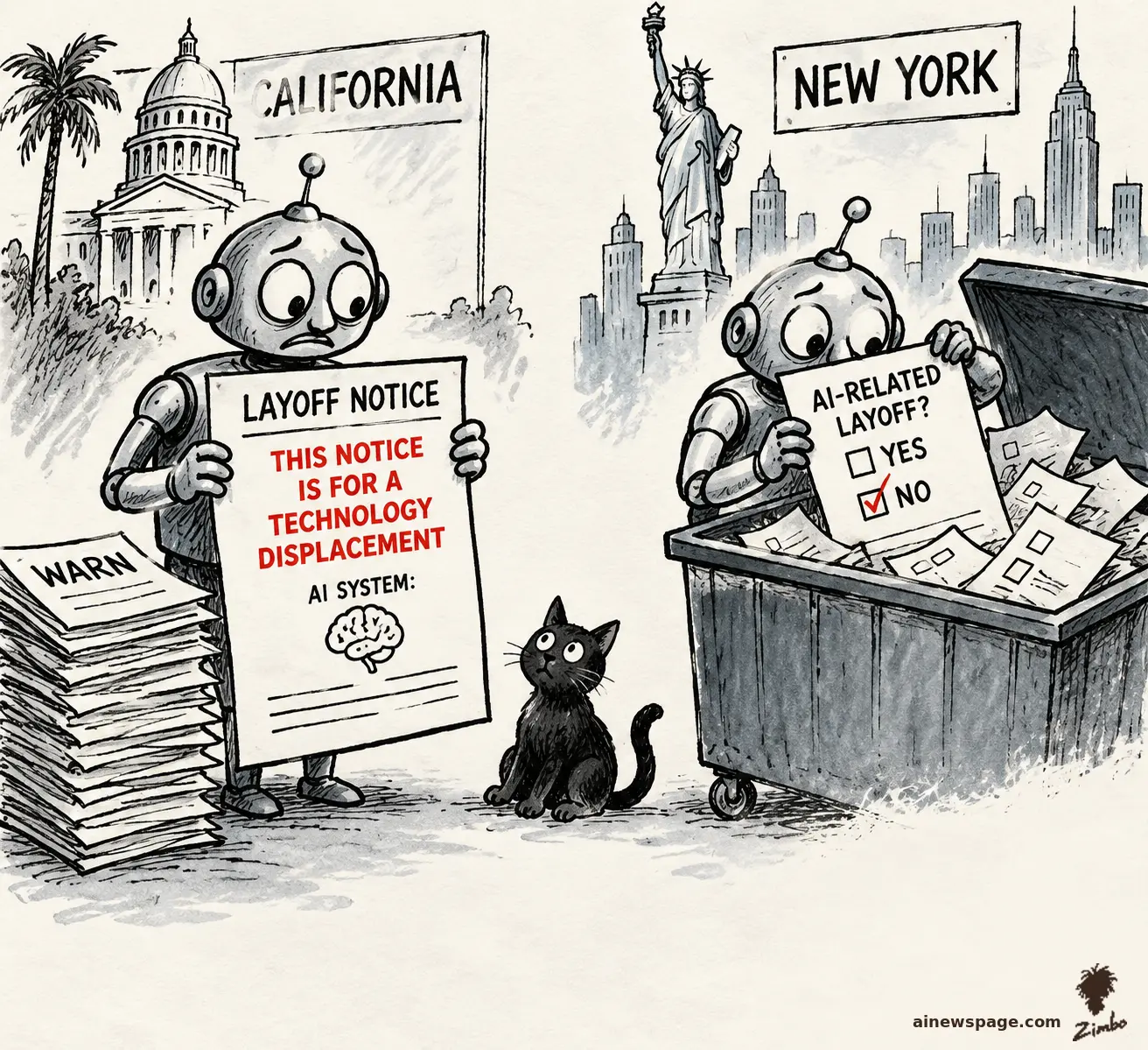 AI cartoon by Zimbo: Satirical cartoon: under a 'CALIFORNIA' sign a worried robot holds a layoff notice stamped 'THIS NOTICE IS FOR A TECHNOLOGY DISPLACEMENT'; under a 'NEW YORK' sign a second robot checks 'AI-RELATED LAYOFF? NO' over a dumpster of identical forms; a black cat sits between them.