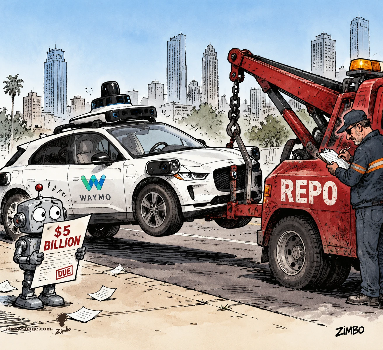AI cartoon by Zimbo: Satirical cartoon: a red REPO tow truck hooks and hauls away an empty white Waymo robotaxi with a roof lidar dome, while a small worried retro robot holds up a '$5 BILLION DUE' invoice and the tow driver fills out a clipboard.