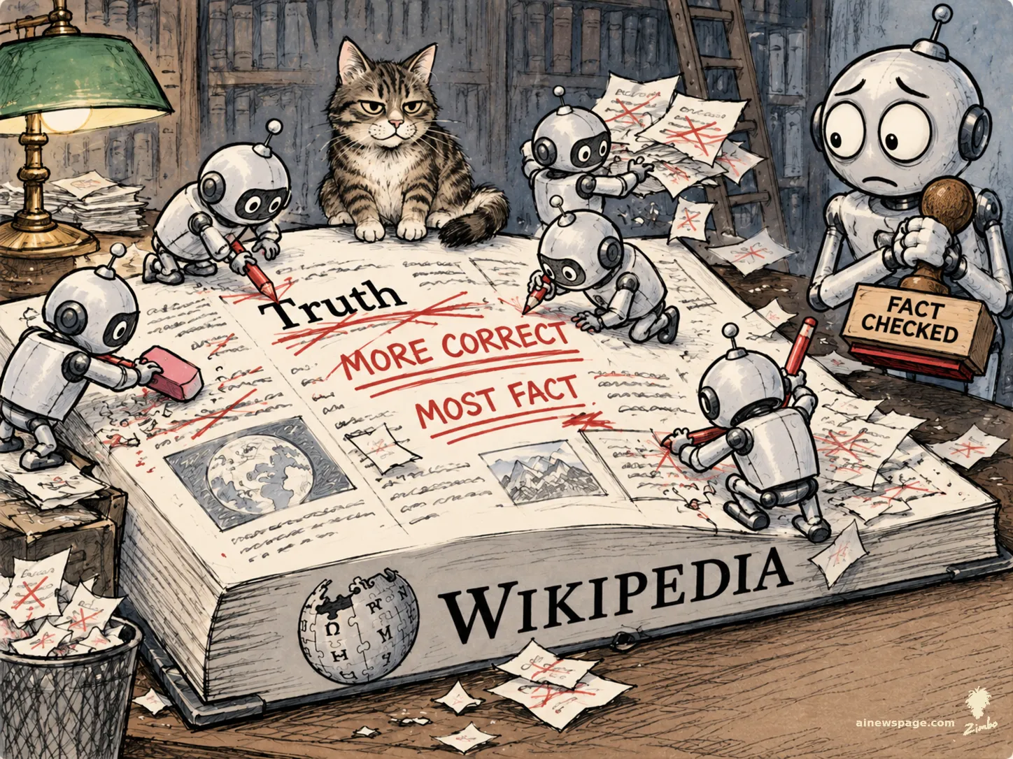 Satirical cartoon: tiny AI bots swarm a giant Wikipedia book, crossing out 'Truth' and rewriting it as 'MORE CORRECT' and 'MOST FACT' in red, while a worried robot clutches a FACT CHECKED stamp and a cat watches, unimpressed.