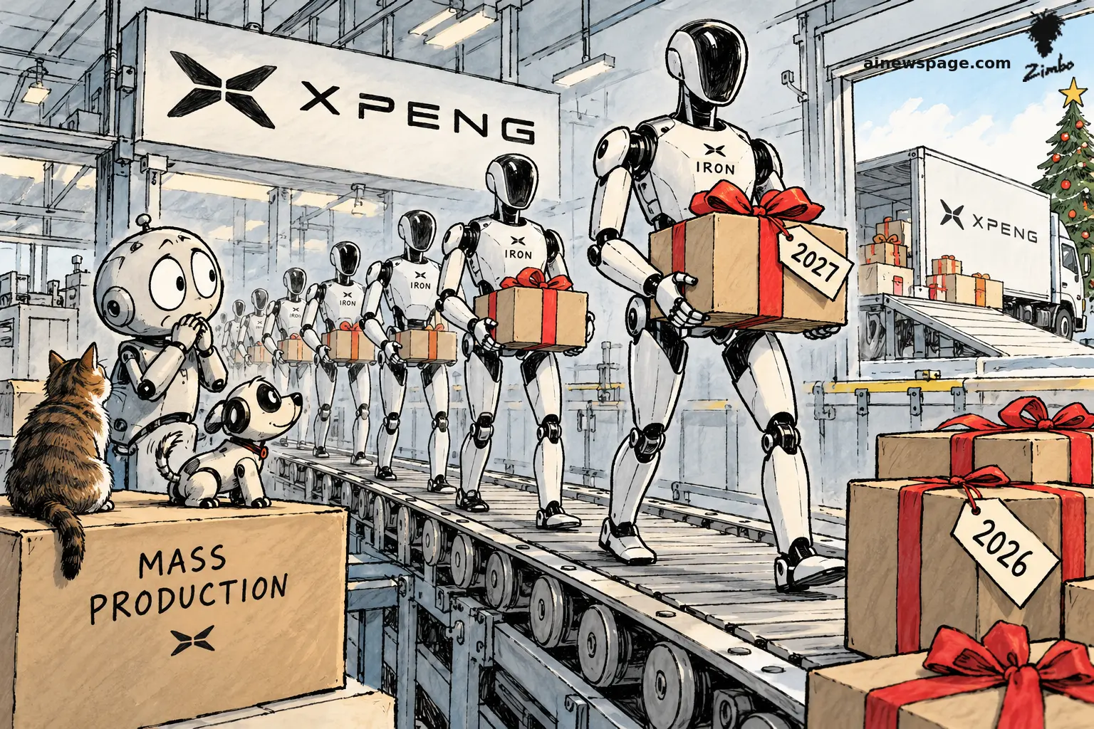 AI cartoon by Zimbo: Satirical cartoon: Merv, Buddy the robot dog, and Issue the cat sit on a 'MASS PRODUCTION' crate watching XPeng IRON humanoids roll off a conveyor carrying Christmas gifts toward an XPeng truck.