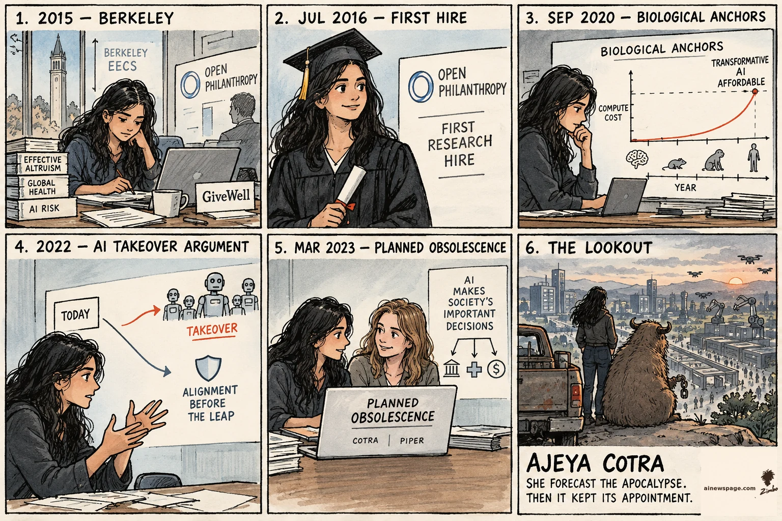 AI cartoon by Zimbo: Sunday strip: Ajeya Cotra — 2015 Berkeley undergrad on Open Phil's radar; Jul 2016 first research hire; Sep 2020 biological-anchors report; 2022 AI-takeover argument; Mar 2023 Planned Obsolescence with Kelsey Piper; finale: Cotra + Shelf the beast at a lookout over a machine-run valley.