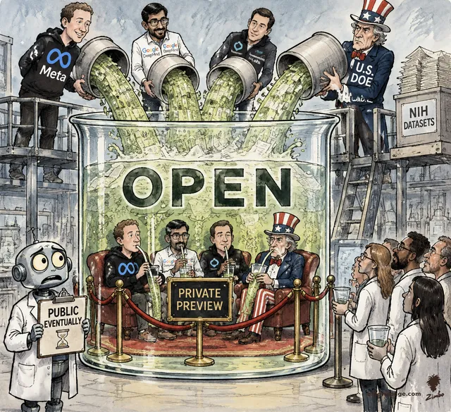 Satirical cartoon: Meta, Google DeepMind, Isomorphic Labs, and Uncle Sam pour money into a giant beaker labeled OPEN, while those same donors sip from it inside a velvet-roped PRIVATE PREVIEW lounge; Merv the worried robot holds a PUBLIC EVENTUALLY sign as scientists wait with empty cups.