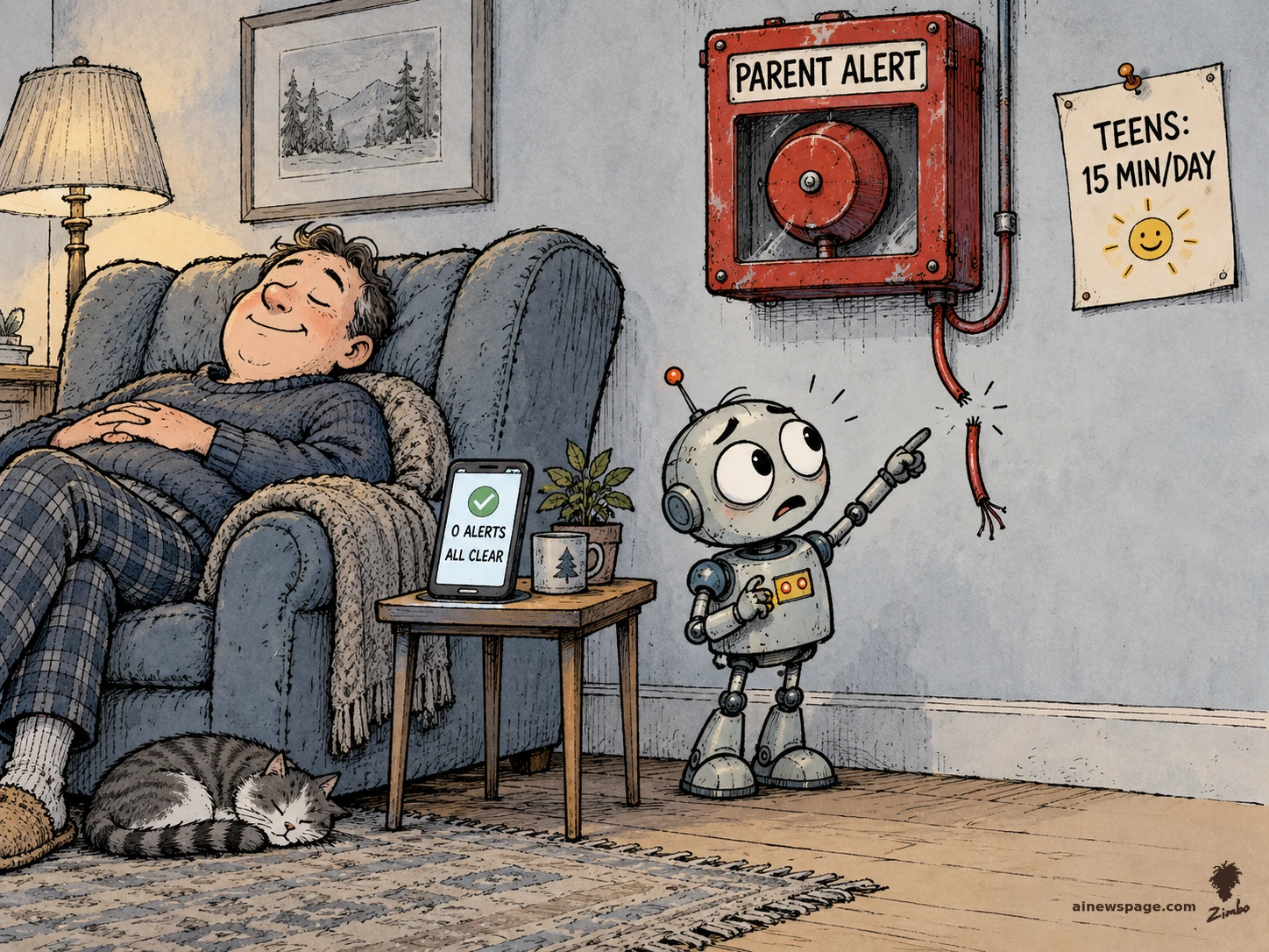 AI cartoon by Zimbo: Satirical cartoon: a parent naps in an armchair while an anxious robot points at a wall-mounted PARENT ALERT box with its wire visibly cut; the parent's phone reads 0 alerts, all clear, beside a pinned note: Teens, 15 min a day.