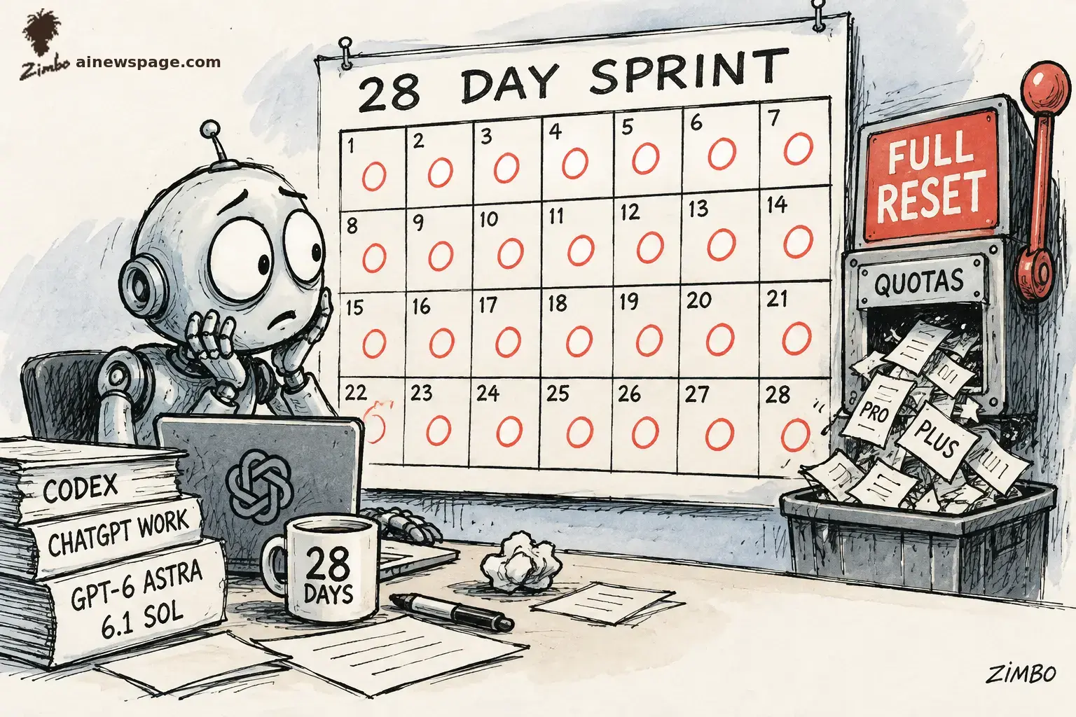 AI cartoon by Zimbo: Satirical cartoon: Merv the anxious retro robot slumps at his desk staring at a wall calendar labeled 28 DAY SPRINT where every box is a red deadline circle, beside books labeled CODEX, CHATGPT WORK, GPT-6 ASTRA and 6.1 SOL, while a red FULL RESET slot machine dumps quota slips into a trash bin.