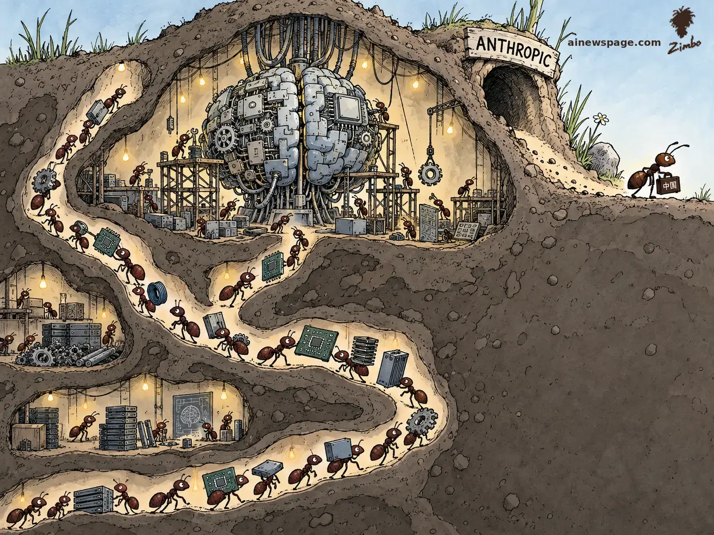 AI cartoon by Zimbo: Satirical cartoon: a cutaway anthill labeled ANTHROPIC where ants build a giant machine-brain; one ant sneaks away outside carrying a briefcase marked with Chinese characters.