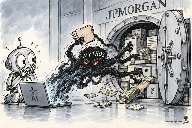Satirical cartoon: a many-tentacled AI creature labeled MYTHOS bursts from a blown-open JPMORGAN bank vault carrying stacks of cash and files, while the anxious retro robot Merv cowers beside a laptop labeled AI.