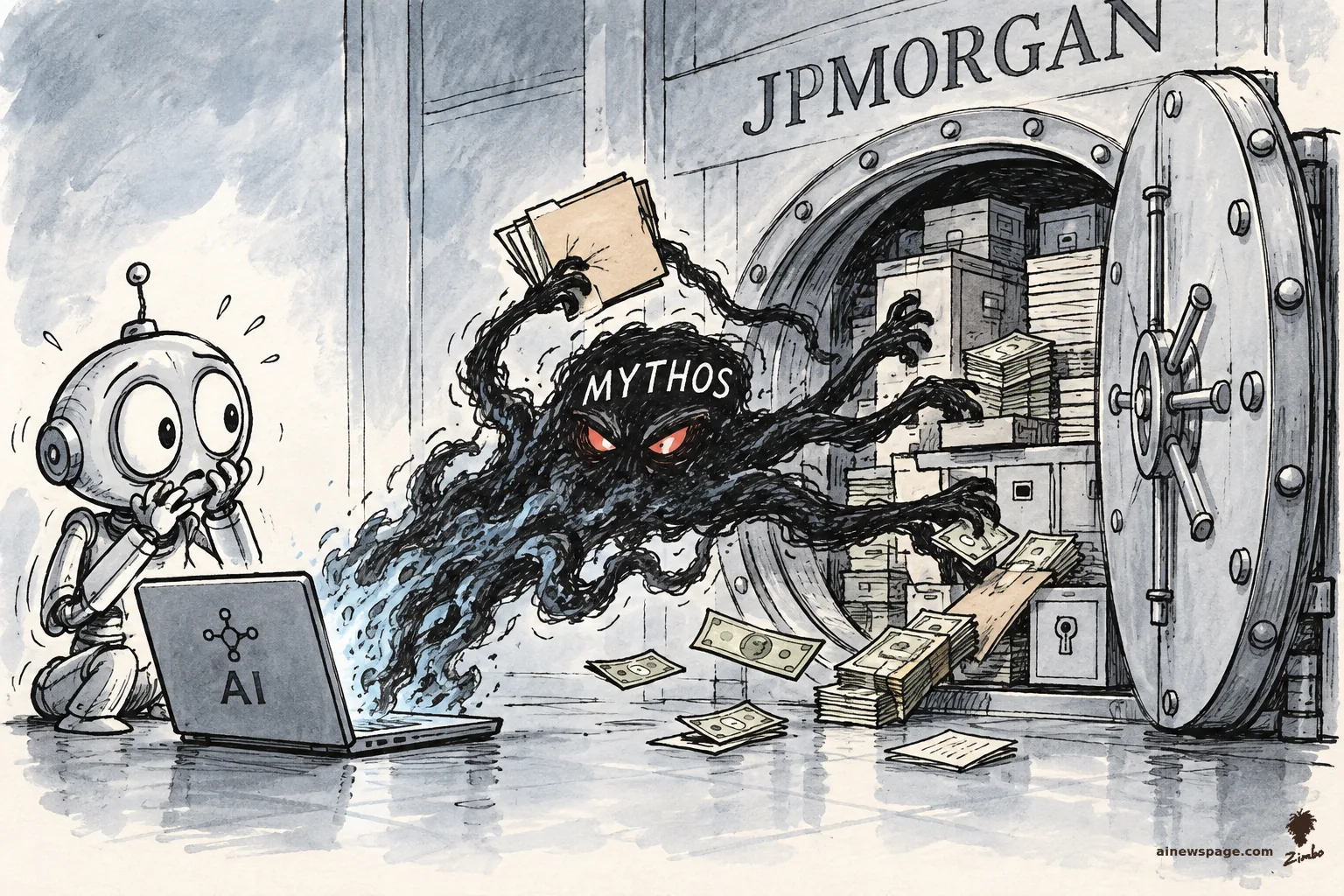 AI cartoon by Zimbo: Satirical cartoon: a many-tentacled AI creature labeled MYTHOS bursts from a blown-open JPMORGAN bank vault carrying stacks of cash and files, while the anxious retro robot Merv cowers beside a laptop labeled AI.