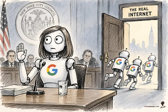 Satirical cartoon: a Google-logo robot with a woman's face raises its right hand to testify under oath at a New York City Council hearing table, while three identical Google robots sneak out a back door labeled 'THE REAL INTERNET.'