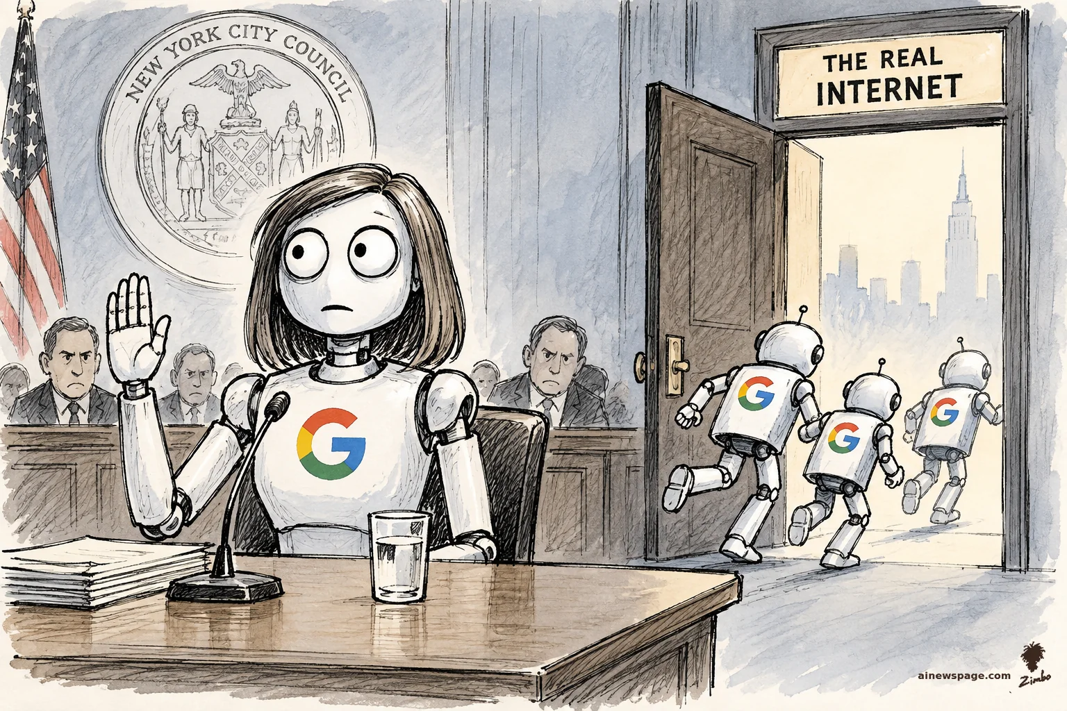 AI cartoon by Zimbo: Satirical cartoon: a Google-logo robot with a woman's face raises its right hand to testify under oath at a New York City Council hearing table, while three identical Google robots sneak out a back door labeled 'THE REAL INTERNET.'