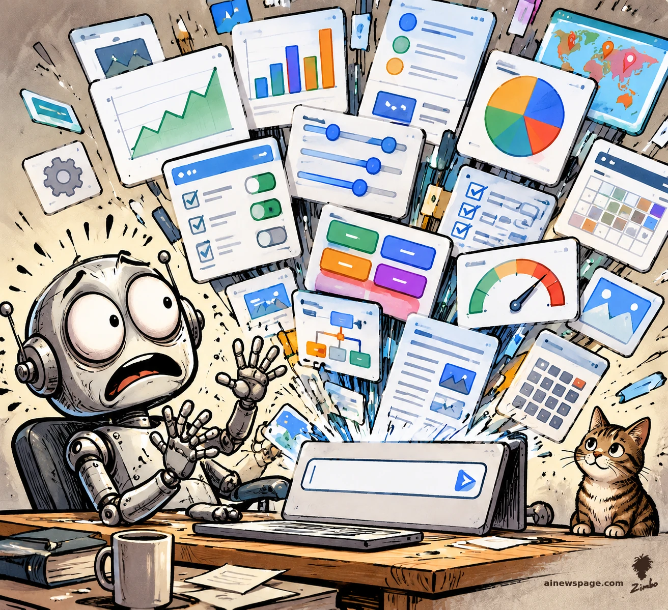 AI cartoon by Zimbo: Satirical cartoon: Merv the anxious robot recoils at a desk as the chat window on his laptop bursts open, spraying buttons, sliders, charts, dials, and forms everywhere; Issue the small brown tabby cat watches calmly from the desk edge.
