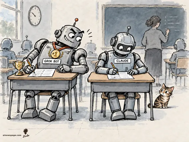 Satirical cartoon: a smug robot with a #1 medal, trophy, and GROK BOT nametag blatantly copies answers off the test paper of the quiet robot beside him wearing a CLAUDE nametag, eyes darting sideways, while the teacher writes on the chalkboard unaware.