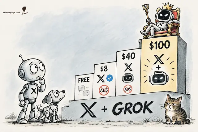 Satirical cartoon: a staircase of four subscription tiers — FREE, $8, $40, $100 — rises to a gold block topped by a crowned Grok robot king on a throne, while an X-logo robot and a robot dog stare up and a grumpy tabby cat sits at the base labeled X + GROK.