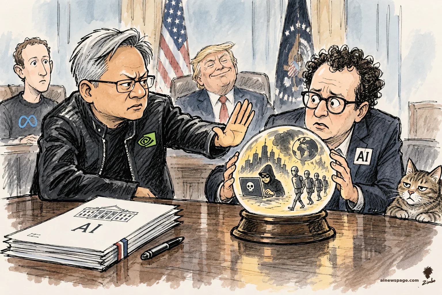 AI cartoon by Zimbo: Satirical cartoon: Nvidia CEO Jensen Huang in a leather jacket raises a talk-to-the-hand palm at Anthropic CEO Dario Amodei, who cradles a crystal ball of doom — a hacker, marching robots, a smoldering Earth; the White House AI principles document sits on the table, Zuckerberg and Trump behind.