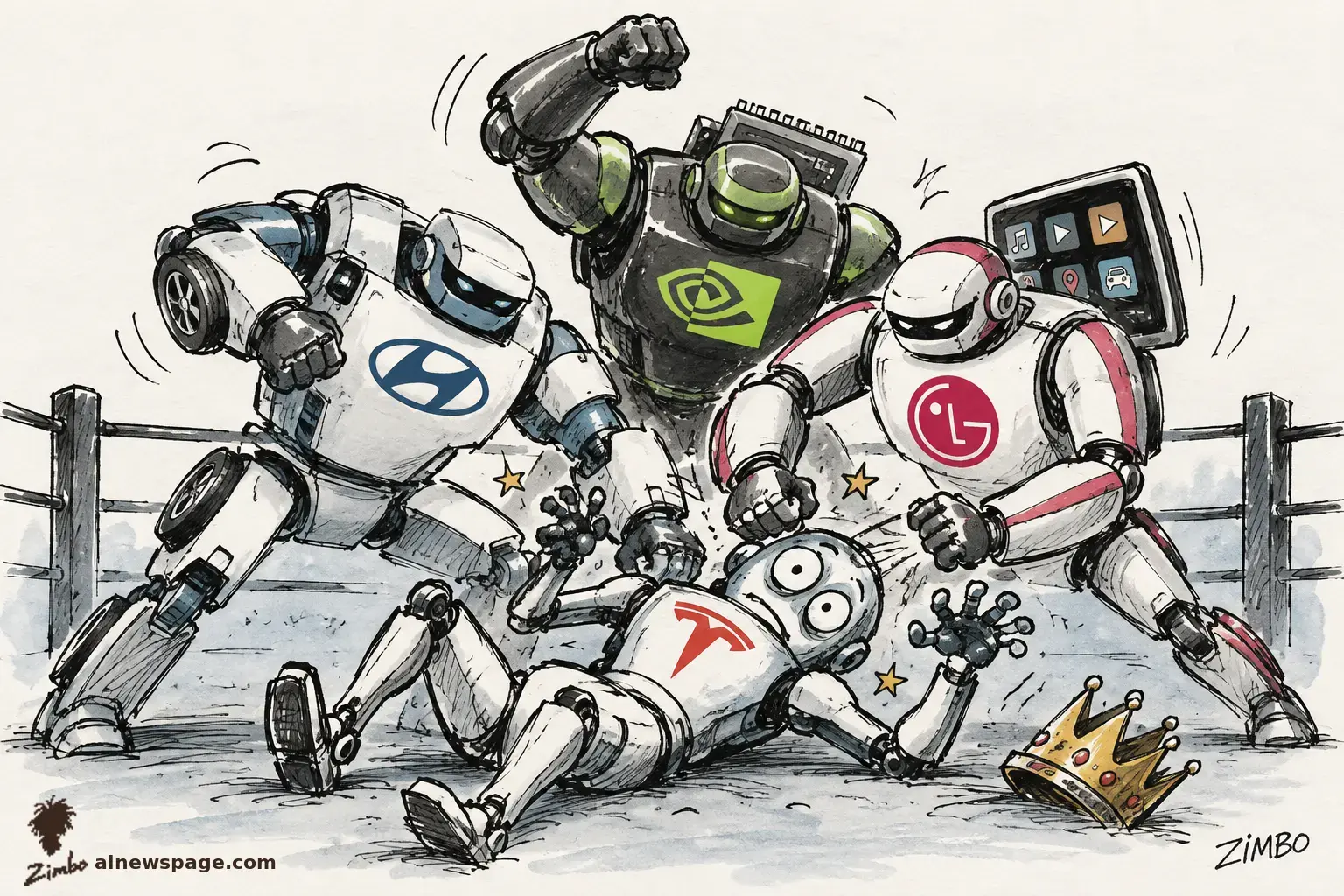 AI cartoon by Zimbo: Satirical cartoon: three hulking robots bearing Hyundai, Nvidia and LG emblems pile onto one small Tesla-marked robot knocked flat on its back in a wrestling ring, a gold crown flying off its head.