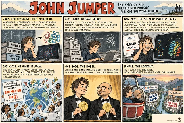 Six-panel strip: 2008 D.E. Shaw physicist pulled into protein simulation; 2011 UChicago PhD; Nov 2020 AlphaFold2 at CASP14; 2021-22 free 200M-structure database; Oct 2024 Nobel with Hassabis; finale: ferris-wheel lookout over DeepMind vs Anthropic labs waving WE NEED JUMPER signs.