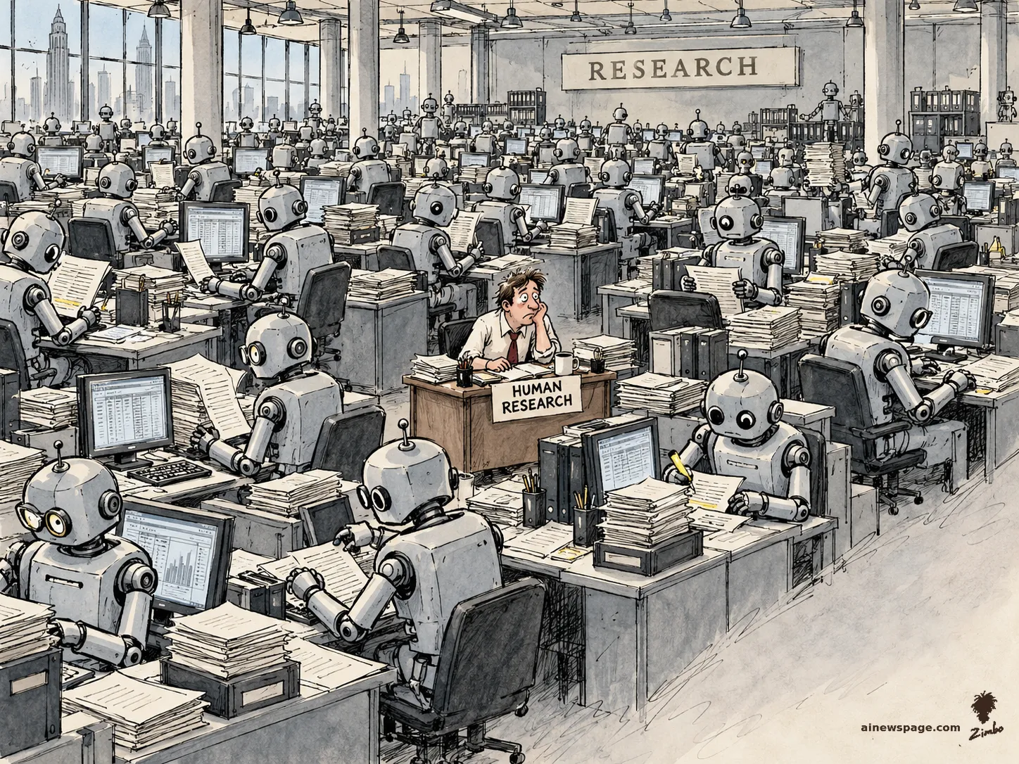 AI cartoon by Zimbo: Satirical cartoon: a vast Wall Street research floor packed with small retro robots hunched over terminals and paperwork, surrounding one lone human analyst squeezed at a tiny desk with a pencil, a coffee mug, and a placard reading HUMAN RESEARCH under a big RESEARCH wall sign.