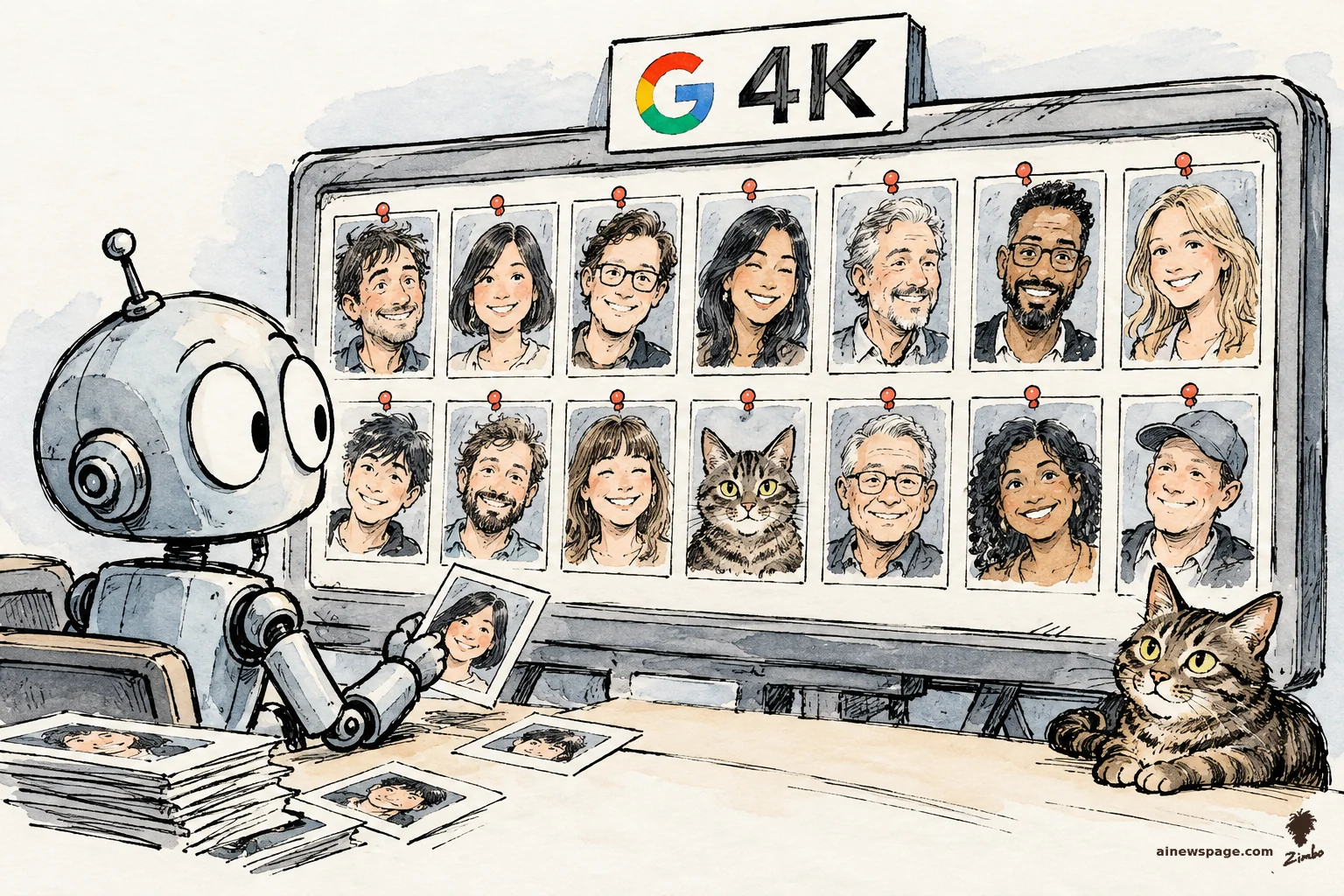 AI cartoon by Zimbo: Satirical cartoon: a retro robot at a desk compares a photo against a corkboard of 14 pinned portraits — 13 human faces and one brown tabby cat — while the same cat lounges on the desk; a 'G 4K' sign hangs above the board.