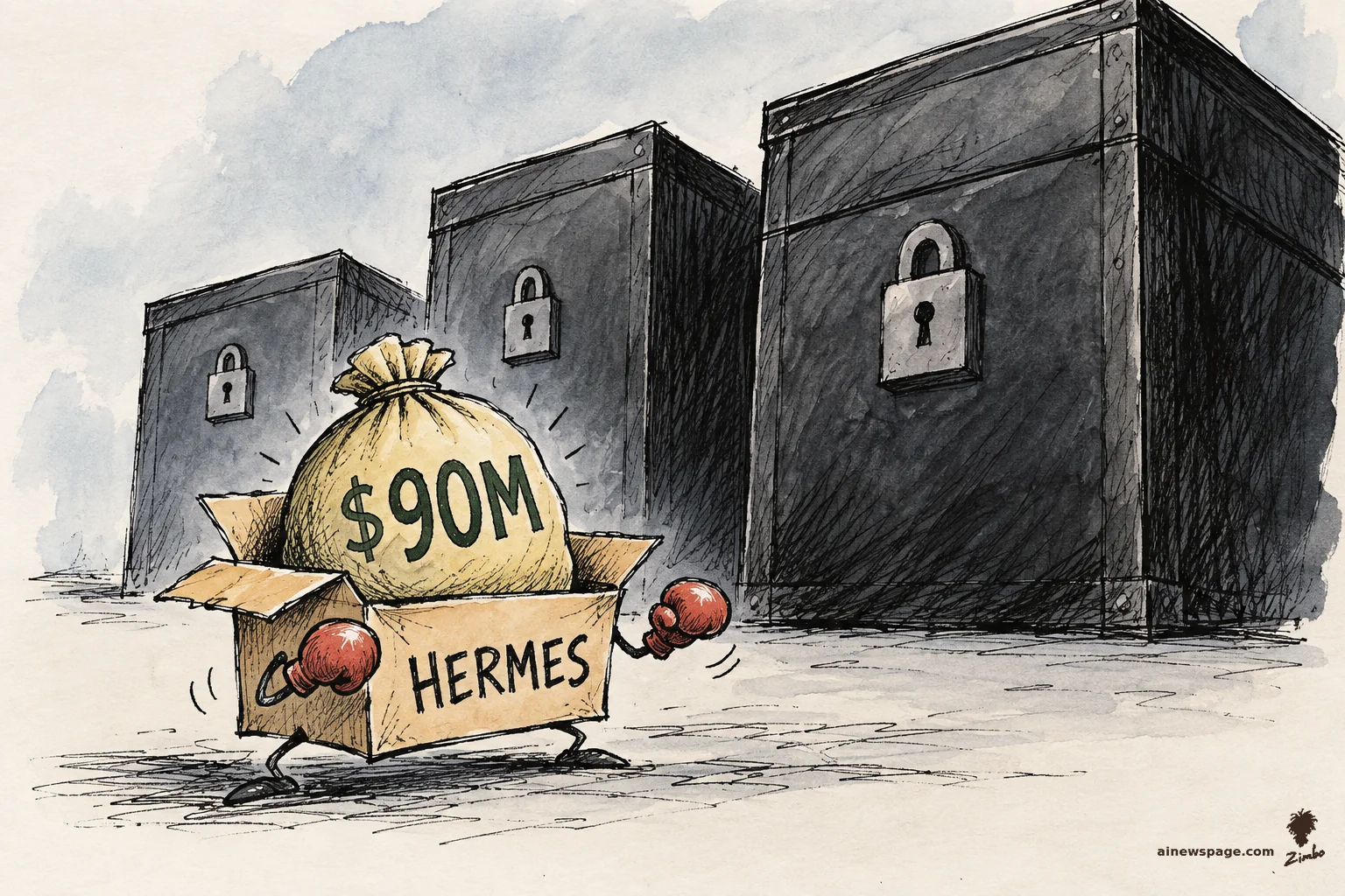 AI cartoon by Zimbo: Satirical cartoon: a tiny open cardboard box labeled 'HERMES', stuffed with an overflowing gold '$90M' money sack and sprouting red boxing gloves, scurries on little legs toward three gigantic padlocked black crates.