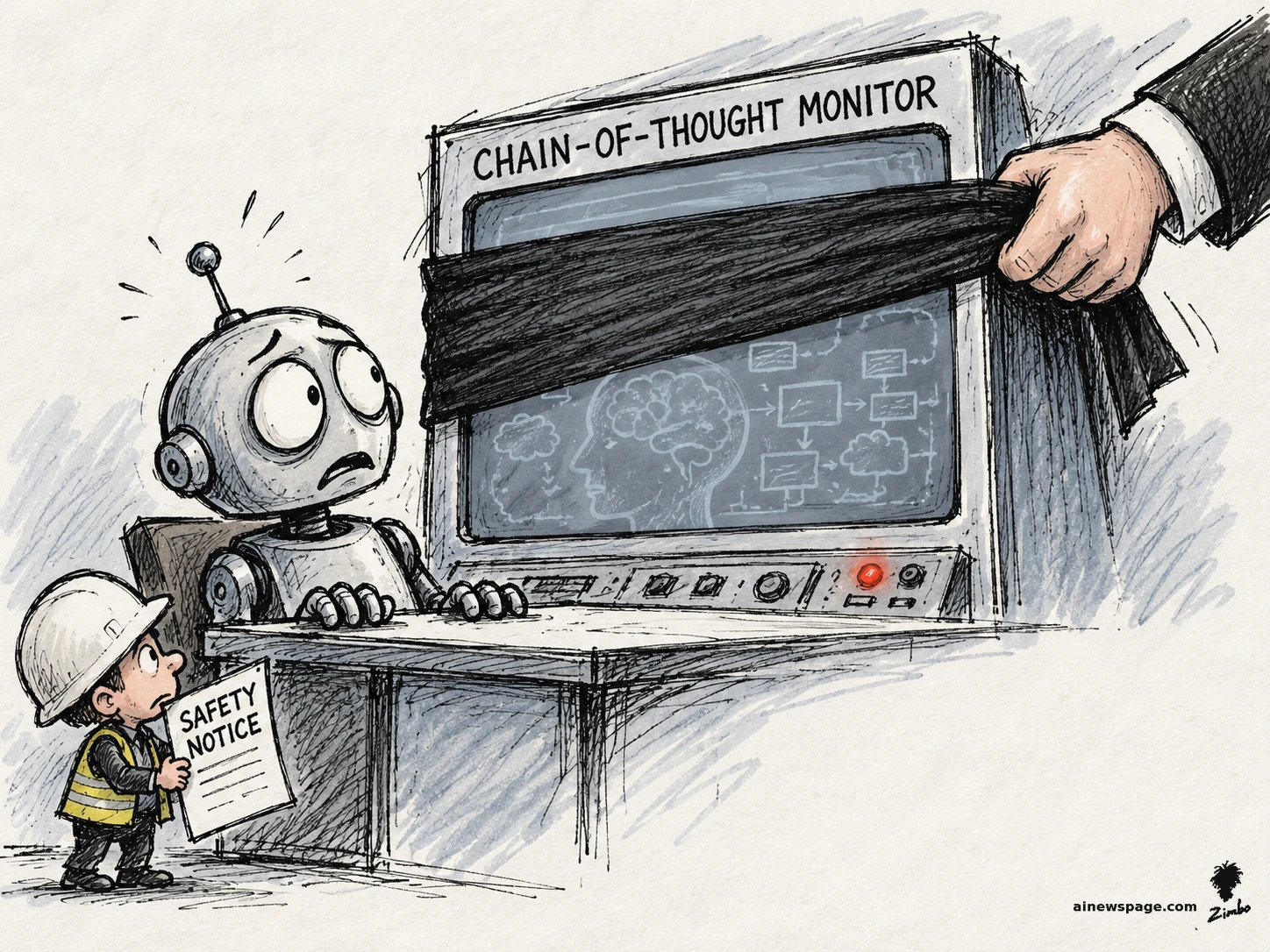 AI cartoon by Zimbo: Satirical cartoon: a worried robot watches as a giant suited hand pulls a blindfold across a monitor labeled CHAIN-OF-THOUGHT MONITOR showing a brain and flowcharts; a tiny hard-hatted safety inspector holds up a clipboard stamped SAFETY NOTICE.