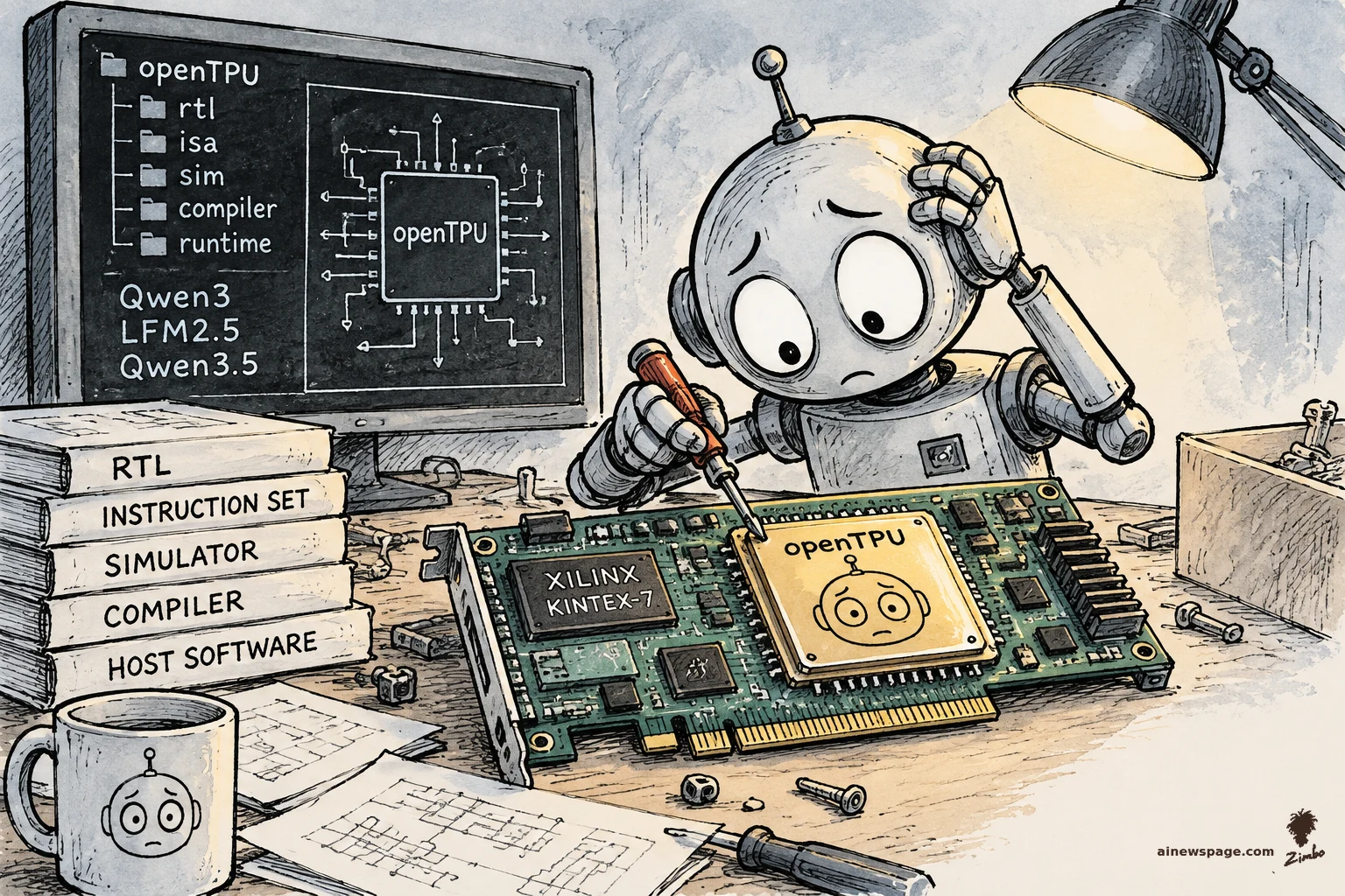 AI cartoon by Zimbo: Satirical cartoon: a worried robot solders an 'openTPU' AI chip onto a circuit board beside a monitor showing the open-source accelerator's full stack — RTL, ISA, simulator, compiler — with Qwen3 and LFM2.5 support.
