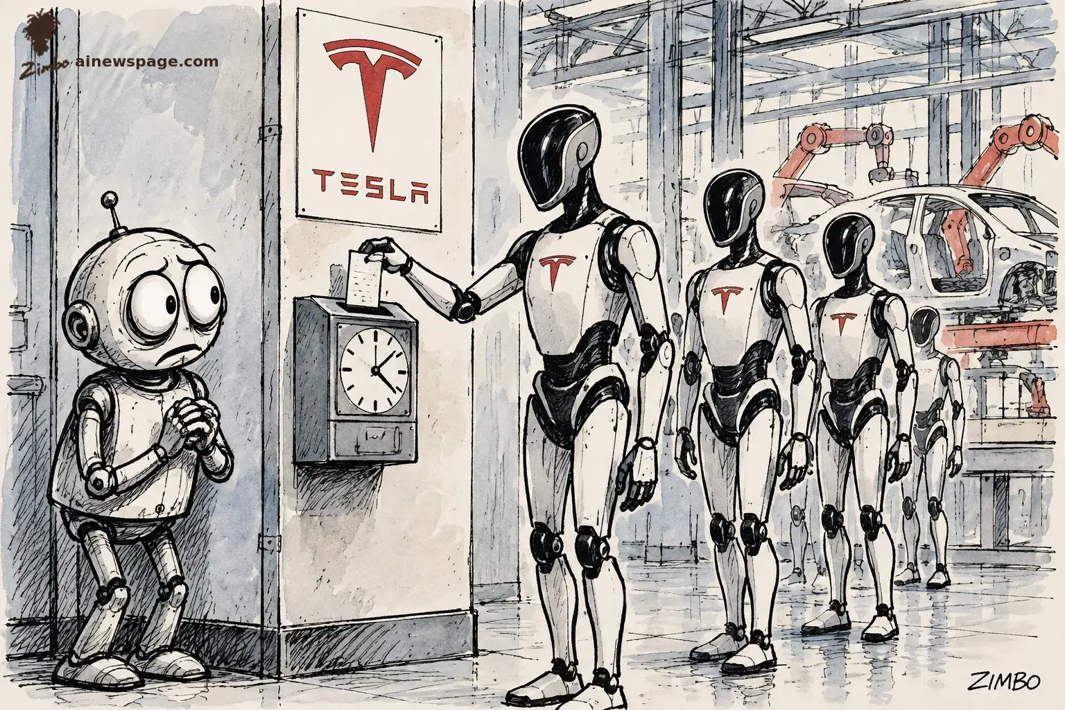 AI cartoon by Zimbo: Satirical cartoon: Merv the anxious retro robot watches nervously as sleek humanoid robots with red Tesla marks punch a factory time-clock under a red TESLA sign, a car body and orange robot arms on the assembly line behind them.