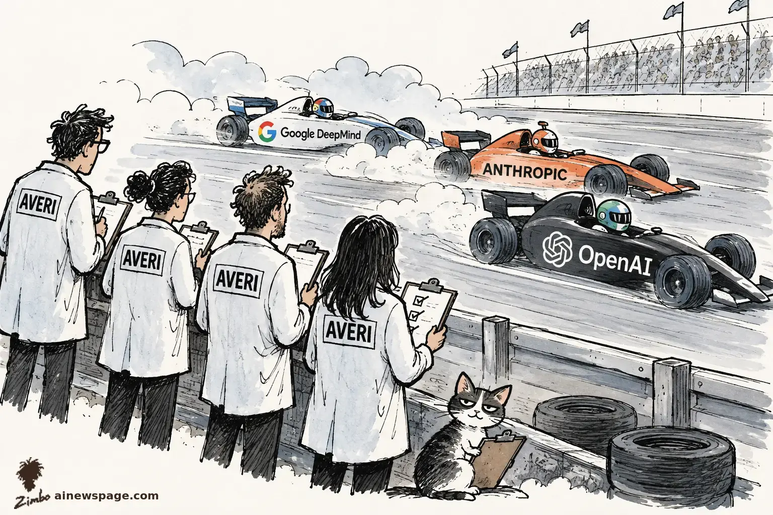 AI cartoon by Zimbo: Satirical cartoon: four lab-coated figures with AVERI tags hold clipboards at a racetrack fence while race cars labeled Google DeepMind, ANTHROPIC and OpenAI speed past; Issue the knowing tabby cat sits at the fence holding her own clipboard.