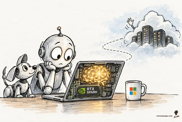 Satirical cartoon: the anxious robot Merv and robot dog Buddy watch a laptop whose exposed back reveals a glowing golden brain wired to an 'RTX SPARK' chip, while a dotted line rises to a distant datacenter cloud waving goodbye; a Microsoft-logo mug sits on the desk.