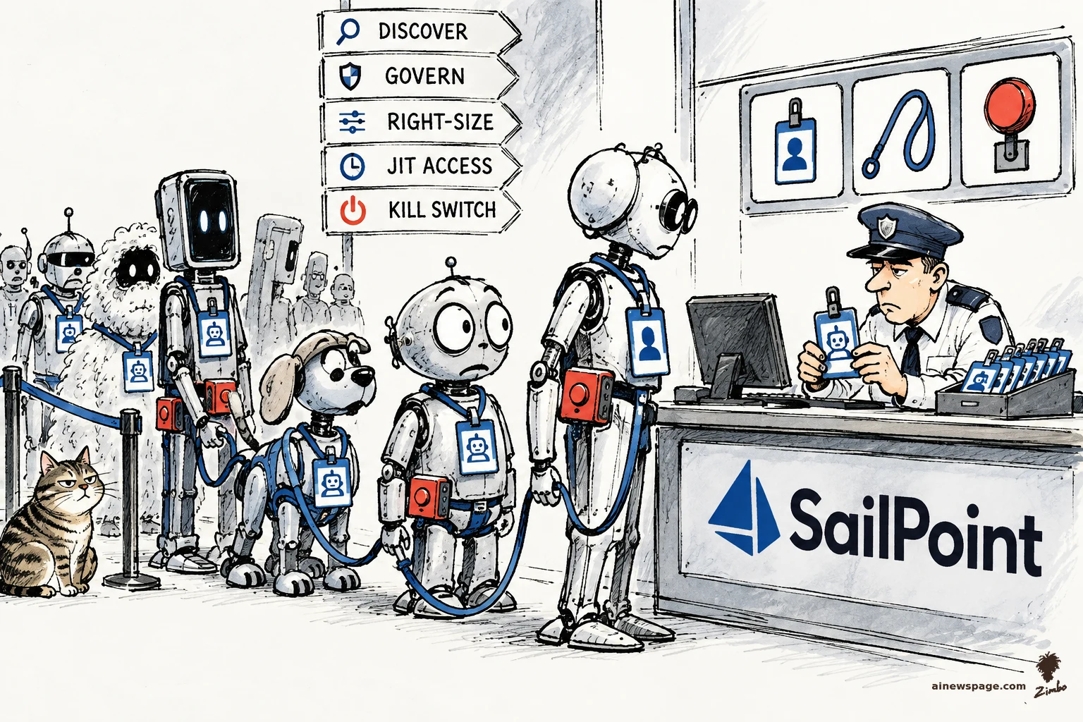 AI cartoon by Zimbo: Satirical cartoon: AI agents — robots, a robot dog, and a knowing tabby cat — queue with ID badges at a security checkpoint marked DISCOVER, GOVERN, RIGHT-SIZE, JIT ACCESS, KILL SWITCH while a guard issues badges at a SailPoint desk.