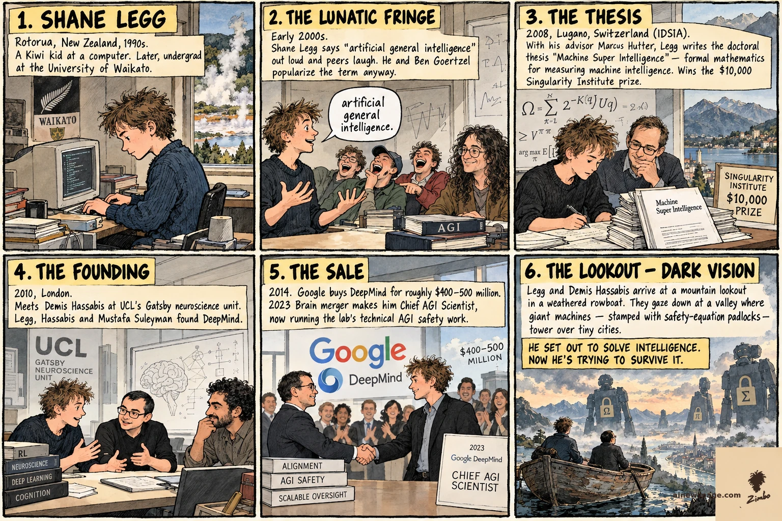 Sunday strip: Rotorua kid at a computer; 'artificial general intelligence' amid laughter; 2008 'Machine Super Intelligence' thesis, $10,000 prize; 2010 DeepMind founded; 2014 Google buys it; 2023 Chief AGI Scientist; finale: Legg and Demis Hassabis in a rowboat gaze at giant padlocked machines.