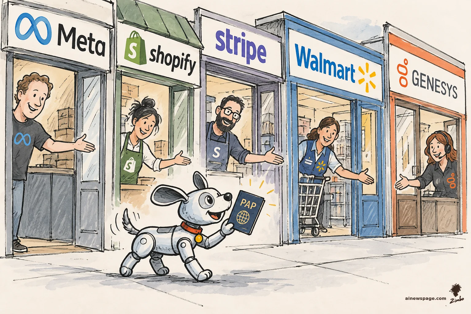 AI cartoon by Zimbo: Satirical cartoon: a cheerful retro robot dog trots past five storefronts — Meta, Shopify, Stripe, Walmart, Genesys — proudly holding up a navy passport stamped 'PAP' with a gold globe, as every shopkeeper waves him in.