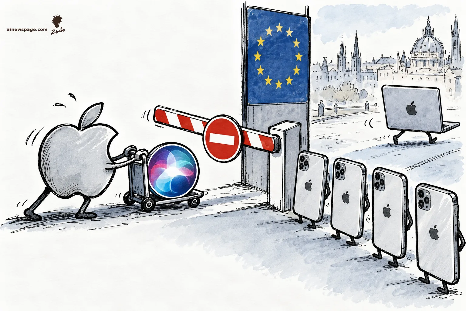 AI cartoon by Zimbo: Satirical cartoon: an anthropomorphic Apple logo pushes a cart carrying a glowing Siri orb toward a road barrier with a do-not-enter sign and EU flag, while a row of iPhones waits behind it and a MacBook laptop strolls past into Europe.
