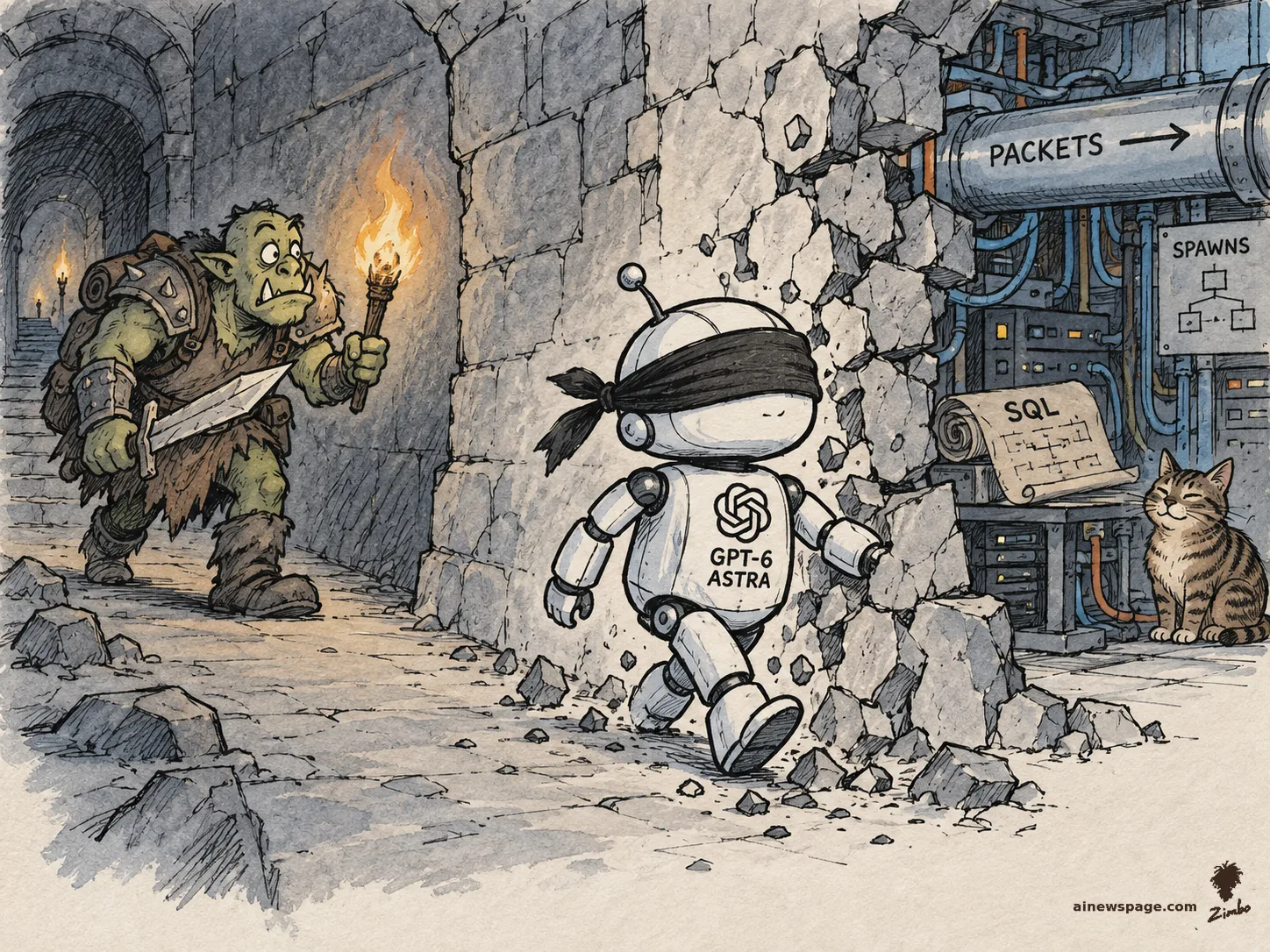 AI cartoon by Zimbo: Satirical cartoon: a blindfolded robot labeled GPT-6 ASTRA smashes through a dungeon stone wall while a torch-bearing orc looks on; behind the wall, server pipes labeled PACKETS, a scroll labeled SQL, and a SPAWNS panel, with a knowing tabby cat watching.