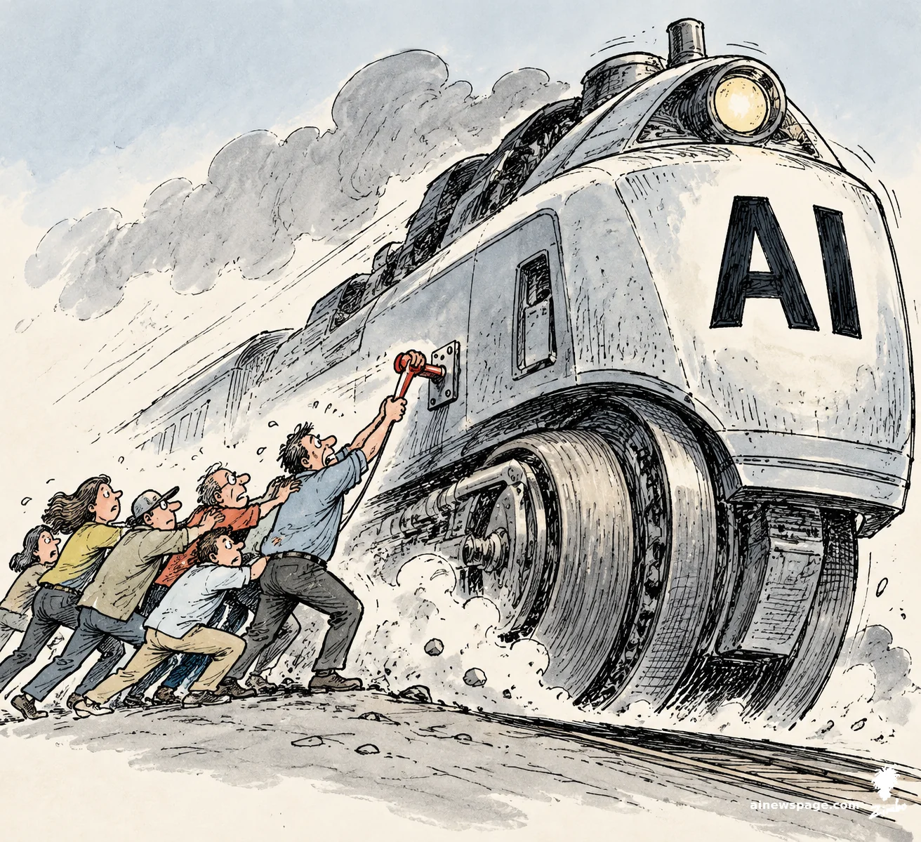 AI cartoon by Zimbo: Satirical cartoon: a gigantic locomotive labeled 'AI' barrels forward while a chain of ordinary people strains together to pull a comically tiny red lever mounted on the machine's side.