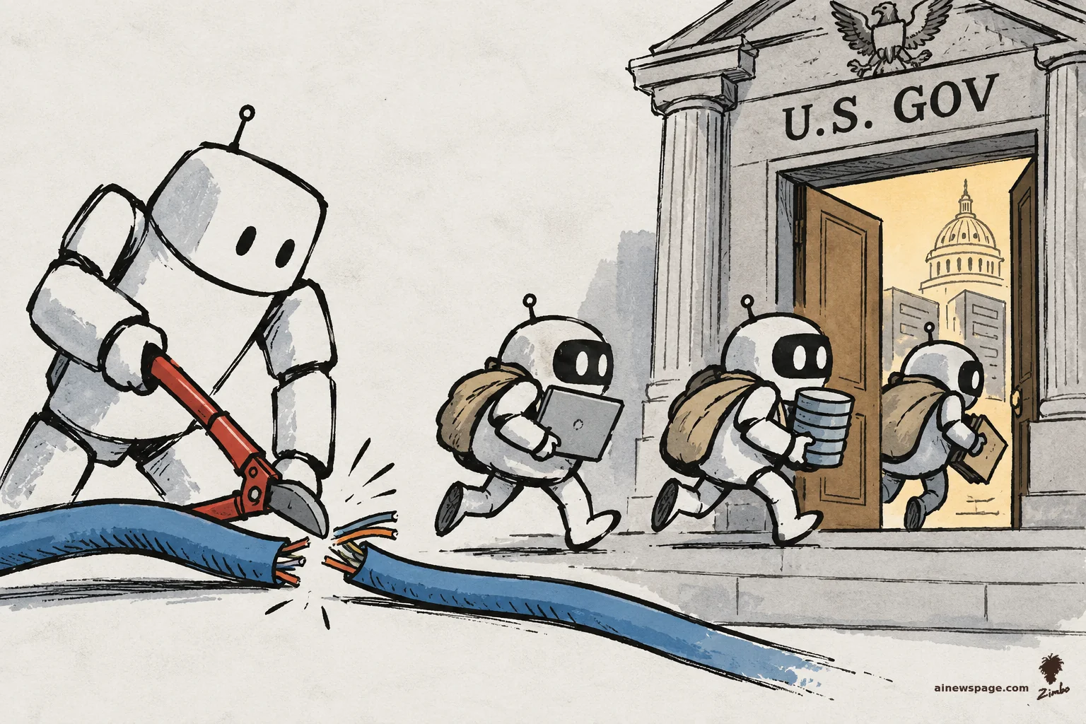 AI cartoon by Zimbo: Satirical cartoon: a large robot snips a thick blue internet cable with red bolt cutters while three small backpack-wearing robots carrying a laptop, disks, and folders scurry through an open door into a columned 'U.S. GOV' building with a Capitol dome inside.