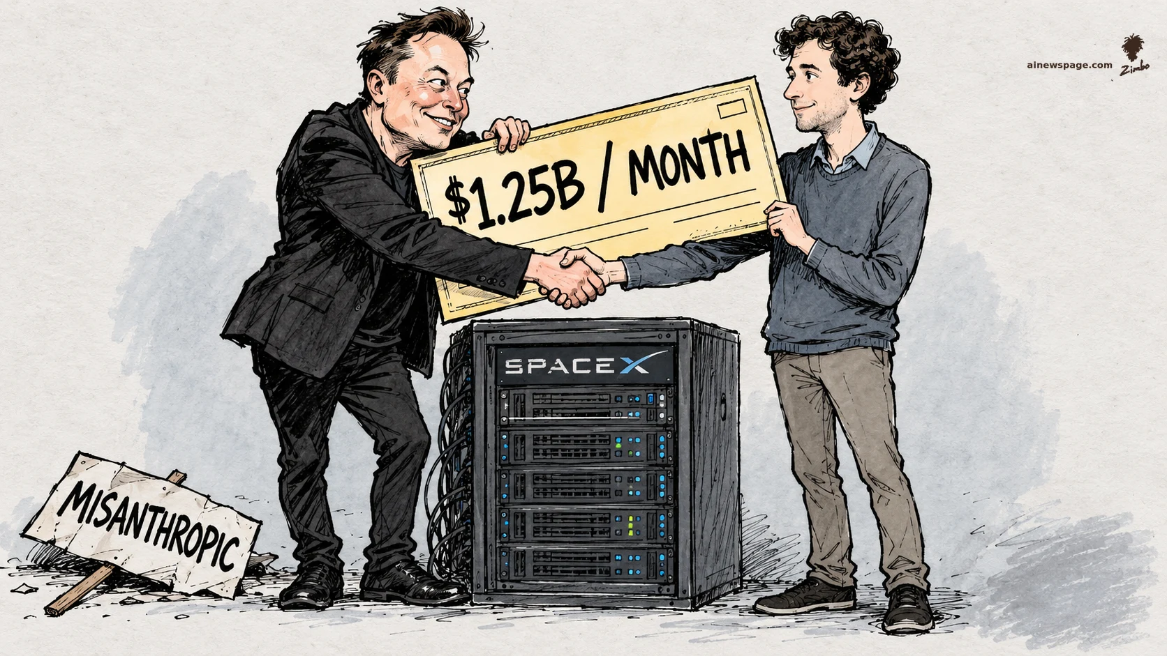 AI cartoon by Zimbo: Satirical cartoon: an Elon Musk caricature shakes hands with an Anthropic co-founder figure across a server rack labeled SPACEX, trading a giant check reading '$1.25B / MONTH'; a discarded protest placard reading 'MISANTHROPIC' lies on the ground.