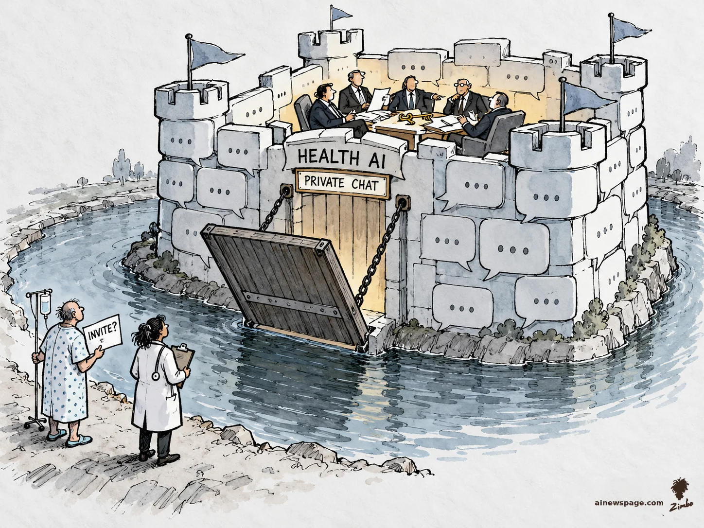 Satirical cartoon: a medieval castle built of chat bubbles, bannered 'HEALTH AI' with a 'PRIVATE CHAT' door and raised drawbridge; executives feast inside while two locked-out patients — one in a hospital gown with an IV pole holding an 'INVITE?' sign — stand on the shore.